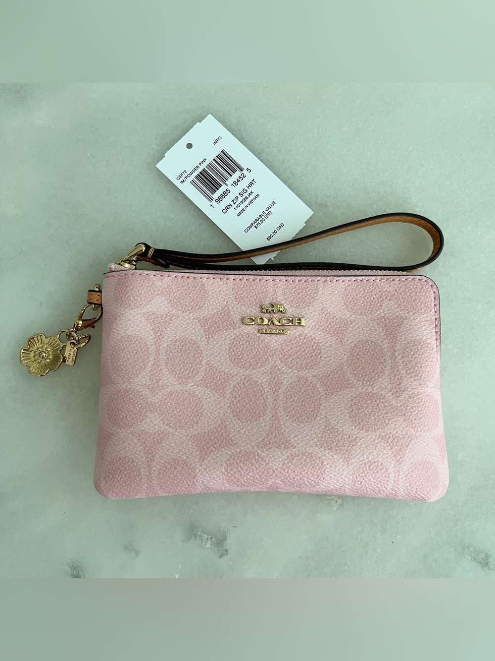 Coach Powder Pink Corner Zip Wristlet Signature Canvas with Gold Charm NWT